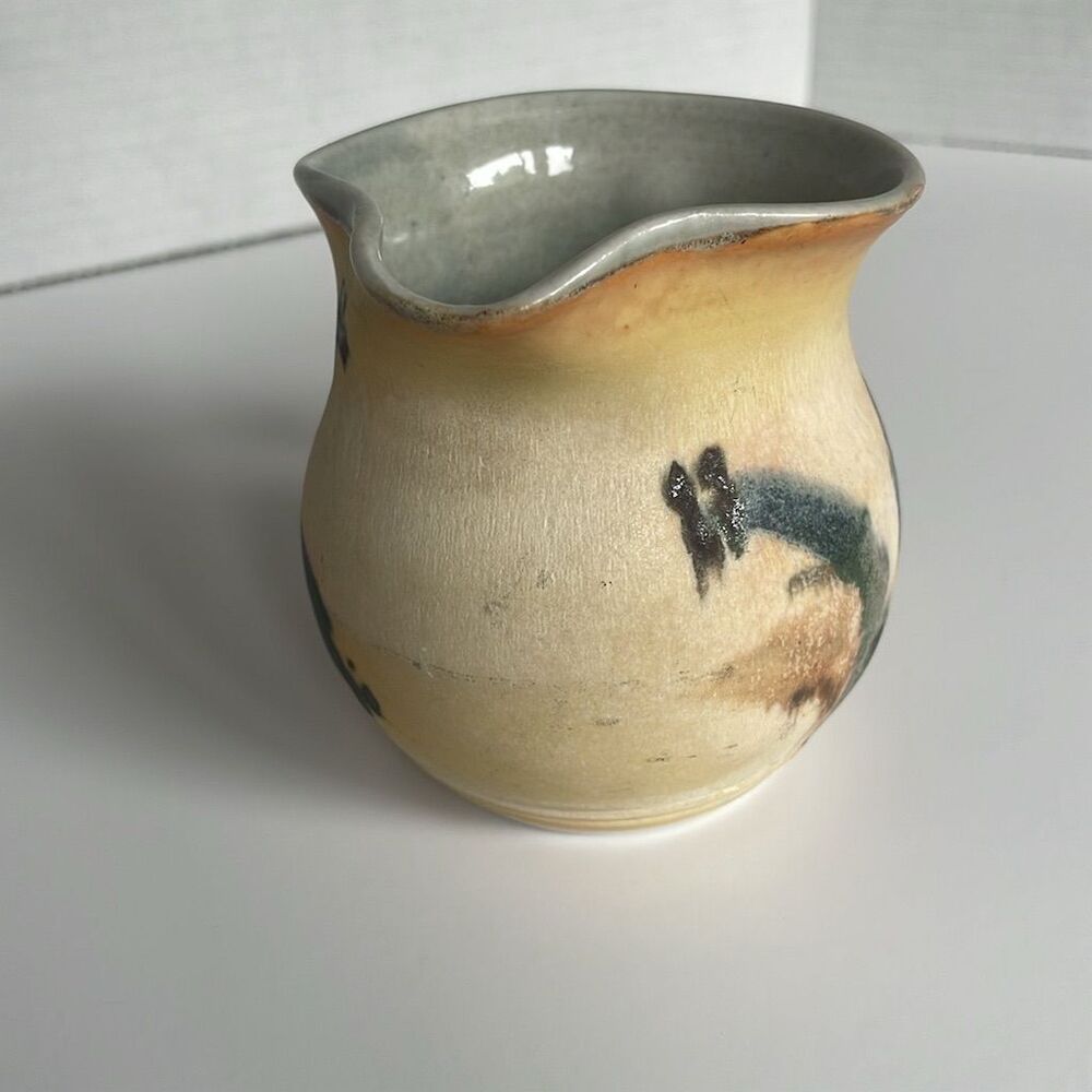 Vintage Mhyren Pottery Pitcher Blue Iris Flower Design Salt Glaze Signed - Picture 4 of 6